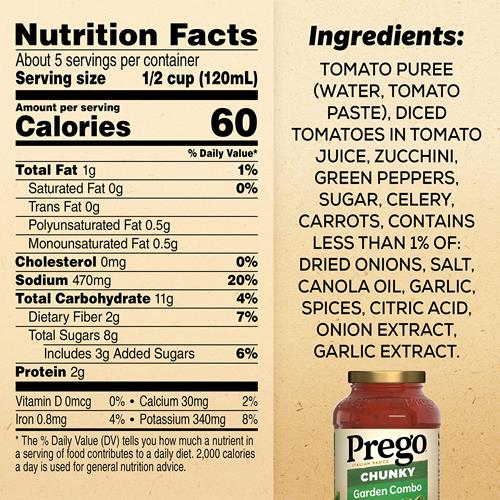 Prego Chunky Garden Combo Pasta Sauce, 23.75 Oz Jar
