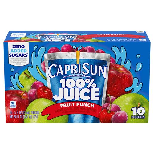 Capri Sun 100% Juice Fruit Punch Flavored All-Natural Juice Blend From Concentrate With Added Ingredients And Other Natural Flavors, 10 Ct Box, 6 Fl Oz Pouches