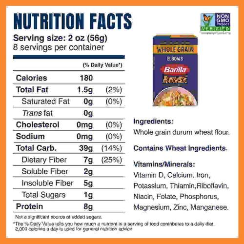 Barilla Whole Grain Elbows Pasta, 16 Oz. Box - Non-Gmo Pasta Made With 100% Whole Grain Durum Wheat - Great Source Of Fiber