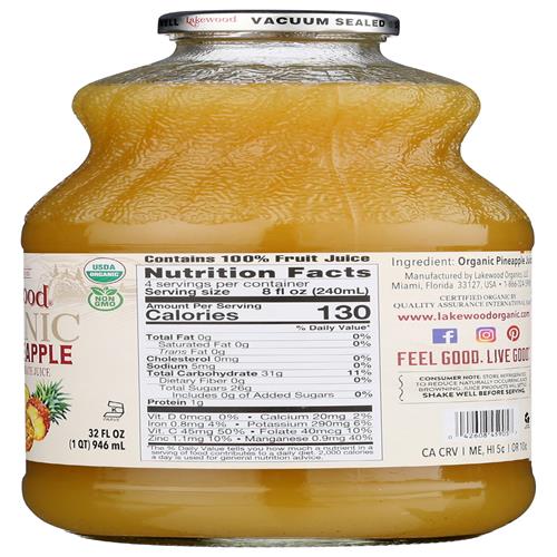 Lakewood Organic Juice, Pineapple, 32 Fl Oz Bottle