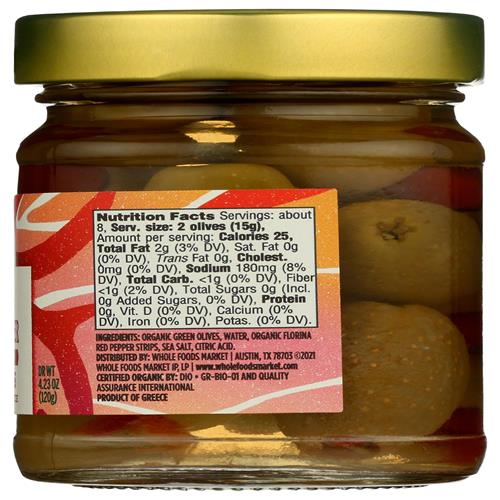 Whole Foods Market, Organic Red Pepper Stuffed Olives, 4.23 Ounce