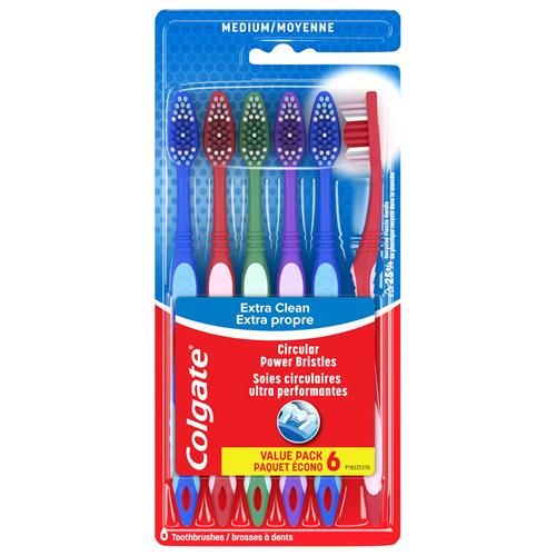 Colgate Extra Clean Toothbrush, Medium Bulk Toothbrush Pack, Adult Medium Bristle Toothbrushes With Ergonomic Handle And Circular Cleaning Bristles, Helps Remove Surface Stains, 6 Pack