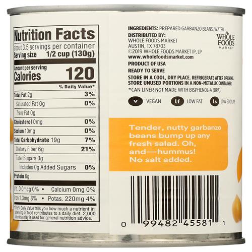 Whole Foods Market Unsalted Garbanzo Beans, 15.5 Oz