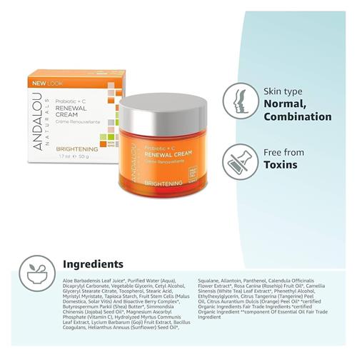 Andalou Naturals Probiotic + C Renewal Cream, Probiotic Plus C, Complexion Enhancing Face Moisturizer, Helps Promote Firmer Skin & More Even Skin Tone, Lightweight Hydrating Facial Moisturizer, 1