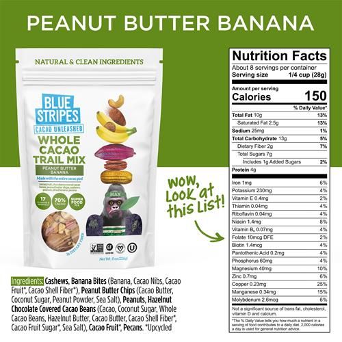 Blue Stripes Peanut Butter Banana Whole Cacao Trail Mix, 8 Oz