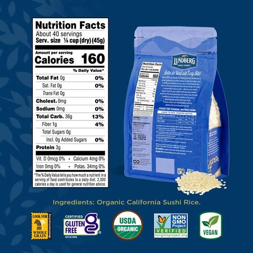 Lundberg Organic Sushi Rice, Sticky White Japanese-Style California-Grown Short Grains, 64 Oz