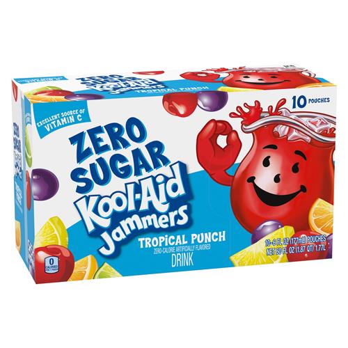 Kool-Aid Jammers Tropical Punch Zero Sugar Artificially Flavored Soft Drink, 10 Ct Box, 6 Fl Oz Pouches