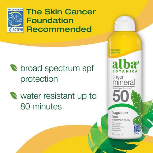 Alba Botanica Sheer Mineral Sunscreen Spray, Spf 50, Fragrance-Free Broad Spectrum, Water Resistant And Biodegradable, 5 Fl. Oz. Bottle