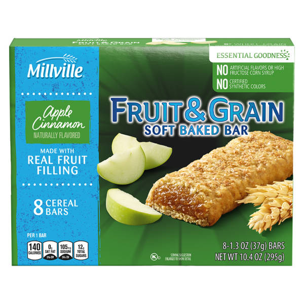 Millville Apple  Cinnamon Fruit and Grain Cereal Bars, 8 count