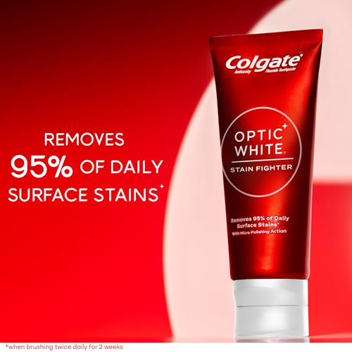Colgate Optic White Stain Fighter Whitening Toothpaste, Clean Mint Flavor, Safely Removes Surface Stains, Enamel-Safe For Daily Use, Teeth Whitening Toothpaste With Fluoride, 4.2 Oz Tube