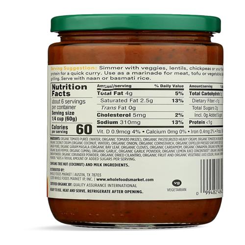Whole Foods Market, Organic Tikka Masala Sauce, 12 Oz