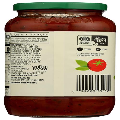 Whole Foods Market Organic Fat Free Marinara Pasta Sauce, 25 Oz