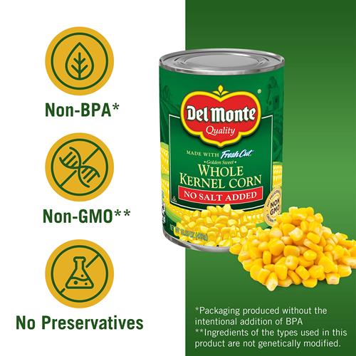 Del Monte Canned Golden Sweet Whole Kernel Corn No Salt Added, 15.25 Oz