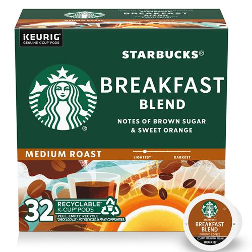 Starbucks K-Cup Coffee Pods, Medium Roast Coffee, Breakfast Blend, 100% Arabica, 1 Box (32 Pods)
