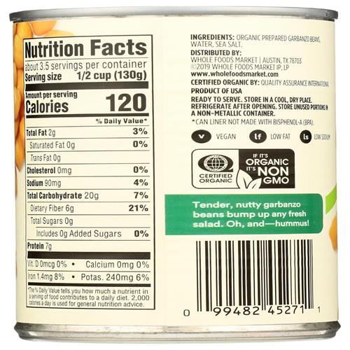 Whole Foods Market, Organic Garbanzo Beans, 15.5 Oz