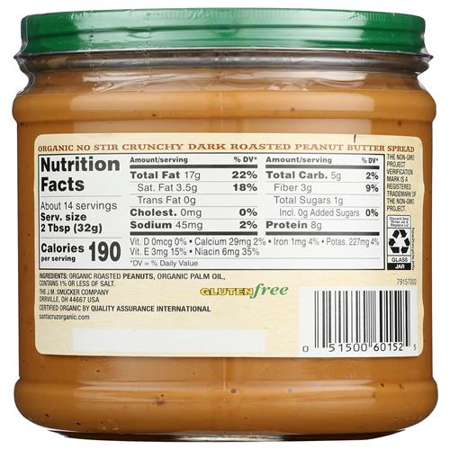 Santa Cruz Organic Organic No Stir Dark Roast Crunchy Peanut Butter Spread, 16 Oz
