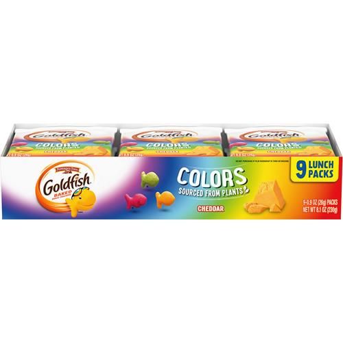Goldfish Colors Cheddar Crackers, Snack Pack, 0.9 Oz, 9 Ct Multi-Pack Tray
