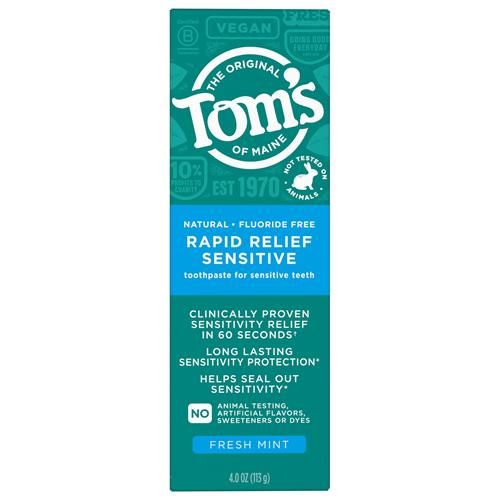 Toms Of Maine Fluoride-Free Rapid Relief Sensitive Toothpaste, Fresh Mint, 4 Oz. (Packaging May Vary)