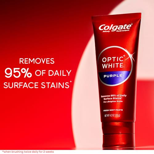 Colgate Optic White Purple Toothpaste For Teeth Whitening, Helps Remove Surface Stains And Polishes Teeth, Enamel-Safe Mint Paste, 4.2 Oz