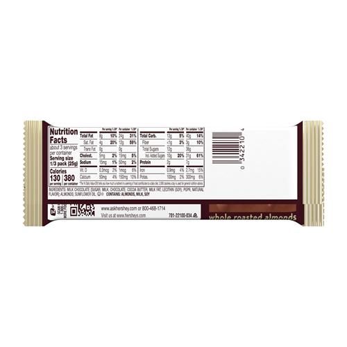 Hersheys Milk Chocolate With Whole Almonds King Size, Candy Bar, 2.6 Oz