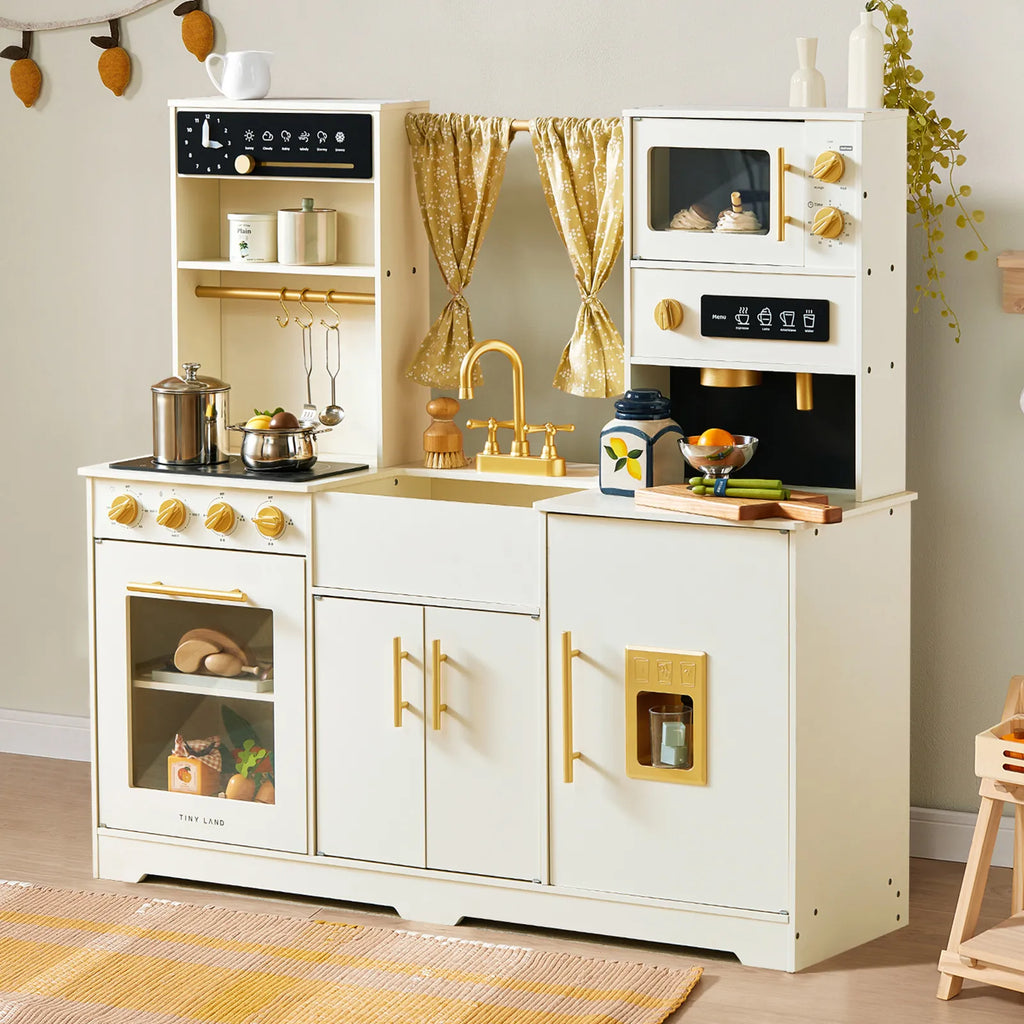 Tiny Land® Iconic Wooden Play Kitchen – Cream Pretend Cooking Set for Kids